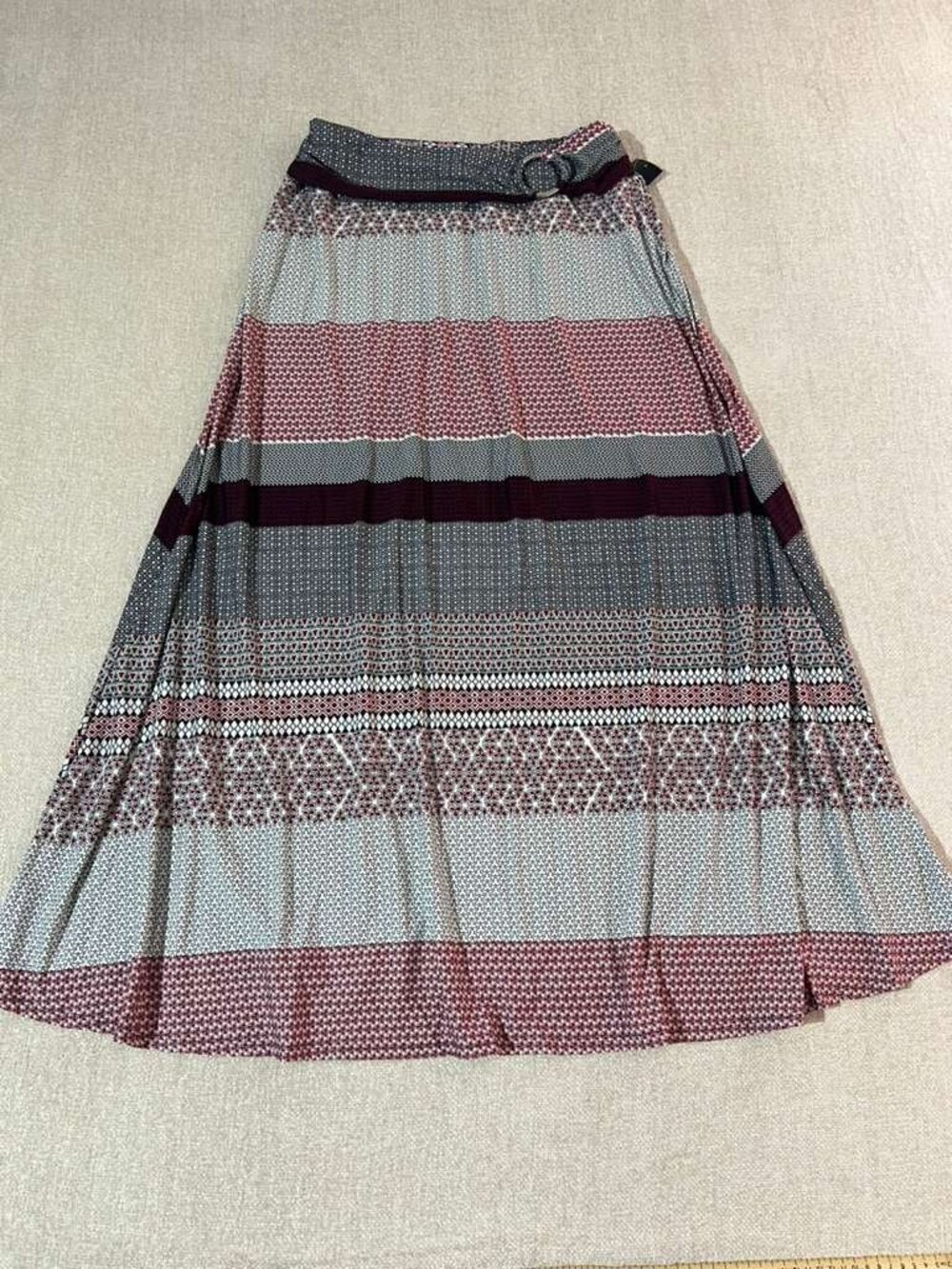 Boho Geometric Print Maxi Skirt Belted Flowy Stretch Size L - Picture 2 of 7